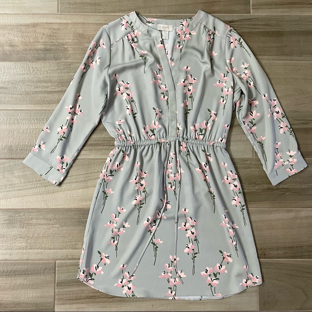 LOFT Tie Waist Gray Floral Dress